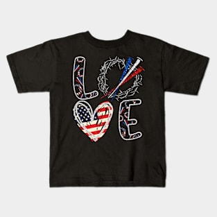 Love Jesus American Flag 4th Of July Kids T-Shirt